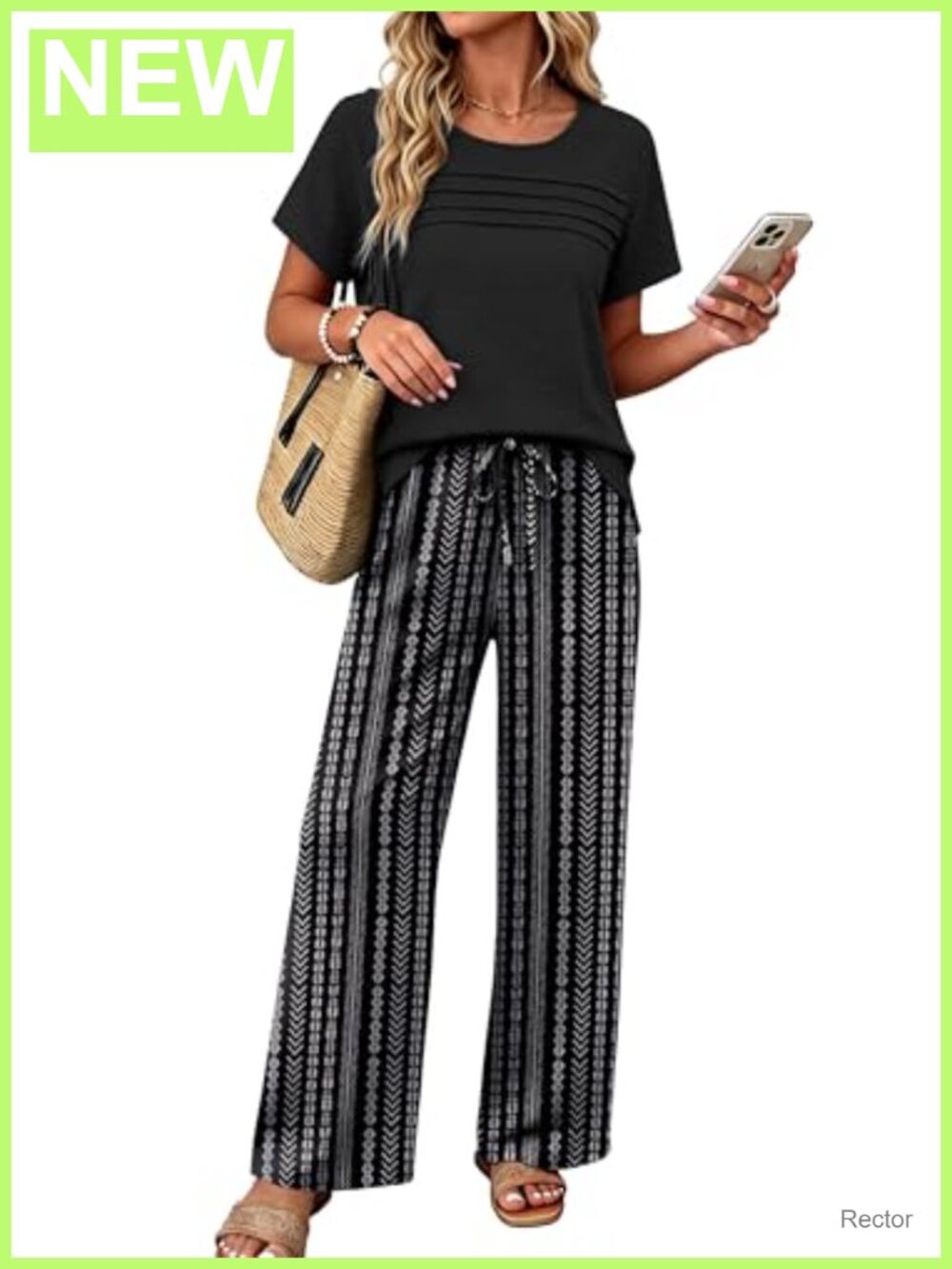 Linen Look 2 Piece Outfit Set Pleated Top & Wide Leg Pants Loungewear